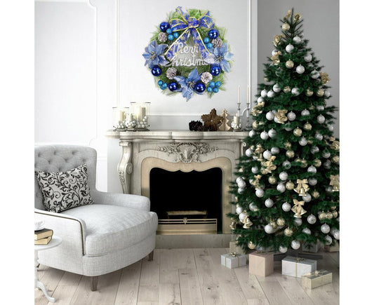 Christmas Wreath Merry Christmas Front Door Ornament Wall Artificial Pine Garland for Party Decor - blue - V1263-JX-1550
