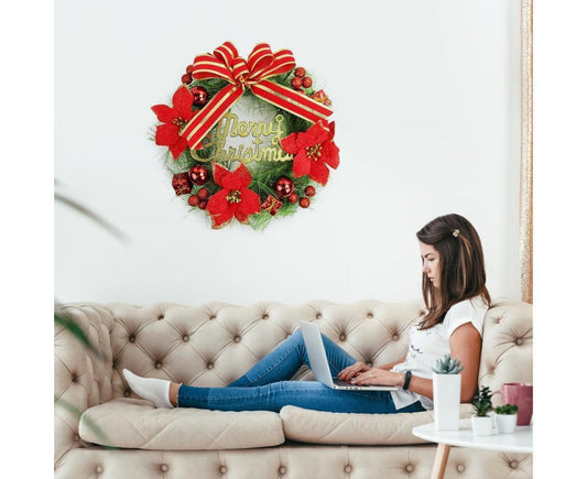 Christmas Wreath Merry Christmas Front Door Ornament Wall Artificial Pine Garland for Party Decor - red - 30cm V1263-JX-1552