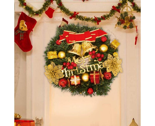 Christmas Wreath Merry Christmas Front Door Ornament Wall Artificial Pine Garland for Party Decor - red - 30cm V1263-JX-1555