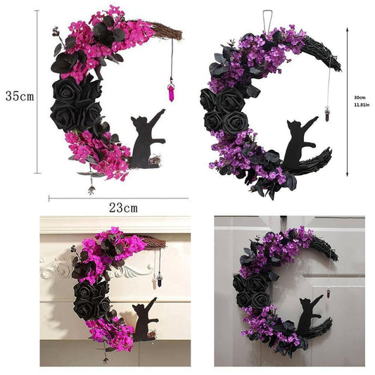 2pcs Halloween Moon Cat Garland with Rose, Black Cat Moon Wreath, Halloween Outdoor Decorations Variant V1263-JX-1582