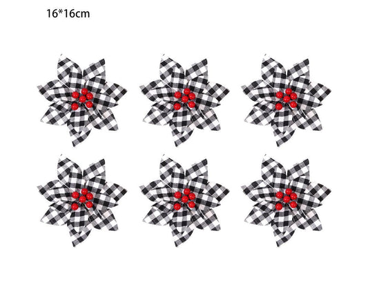 6 Pcs Christmas Plaid Flower Xmas Tree Ornaments For Vintage Xmas Tree Wreaths Wedding Holiday Decor,Black V1263-JX-1648