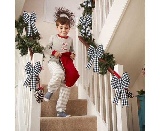 6 Pieces Large Christmas Wreath Bow Plaid Christmas Bow PVC Plastic Xmas Plaid Check Wrapping Bow for V1263-JX-1649