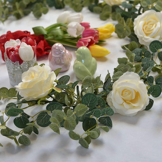 Artificial Eucalyptus Garland with Flowers Champagne Roses Long Fake Flower Garland Eucalyptus Leaves V1263-JX-1745