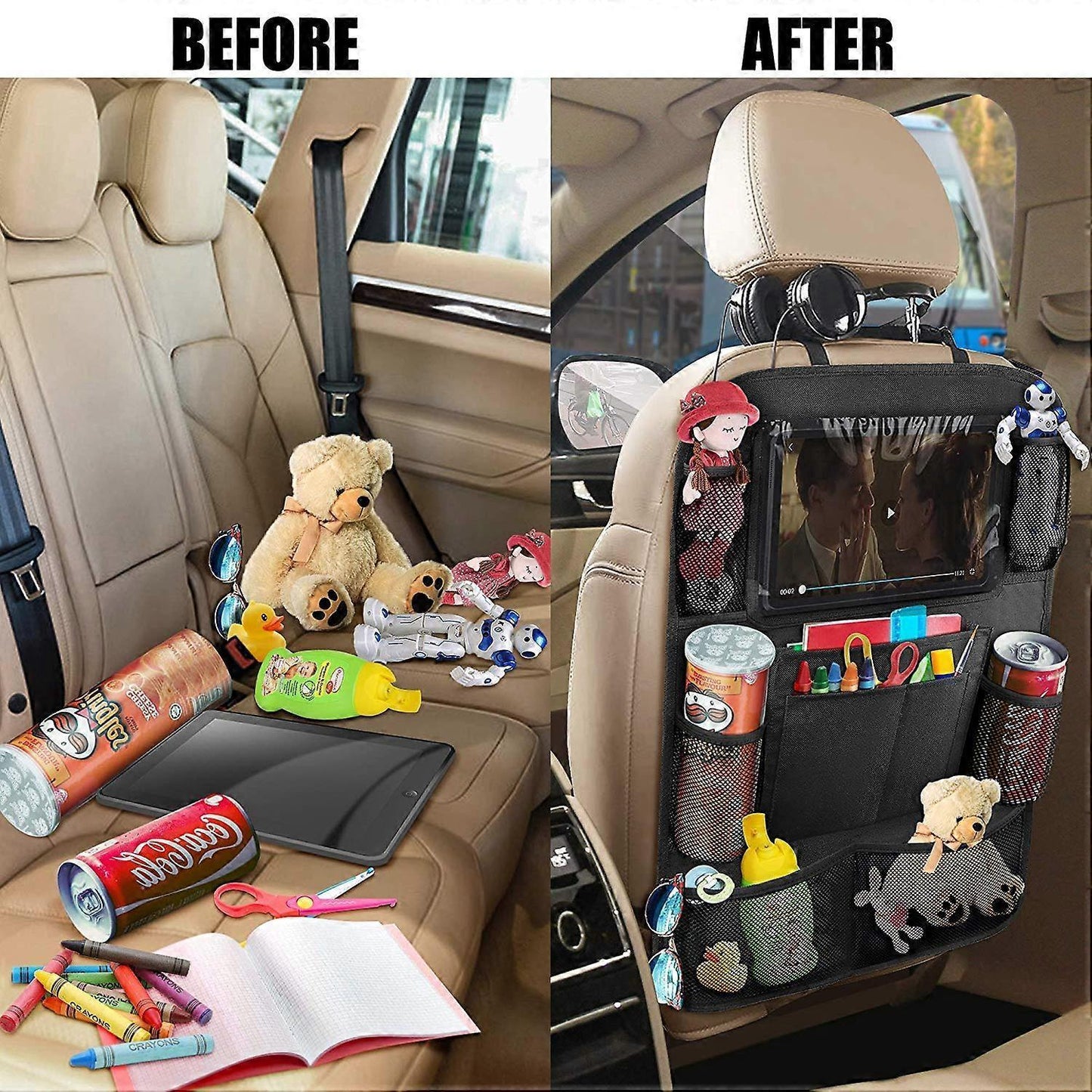 Car Back Organizer with Touch Screen Tablet Holder + 9 Storage Pockets Kick Mats Back Protectors Great Travel V1263-JX-1746