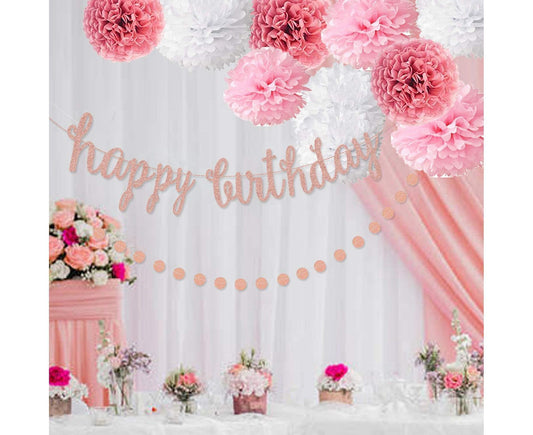 Pink Rose Gold Birthday Party Decorations Set, Rose Gold Glittery Happy Birthday Banner, Tissue Paper Pom V1263-JX-205