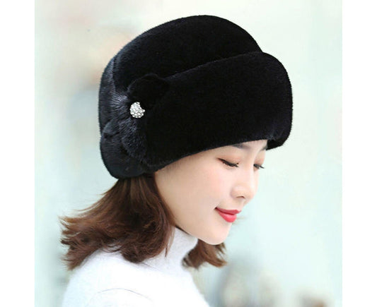Winter Hat Faux Rabbit Fur Decor Thick Luxury Women Cap - Black V1263-JX-206