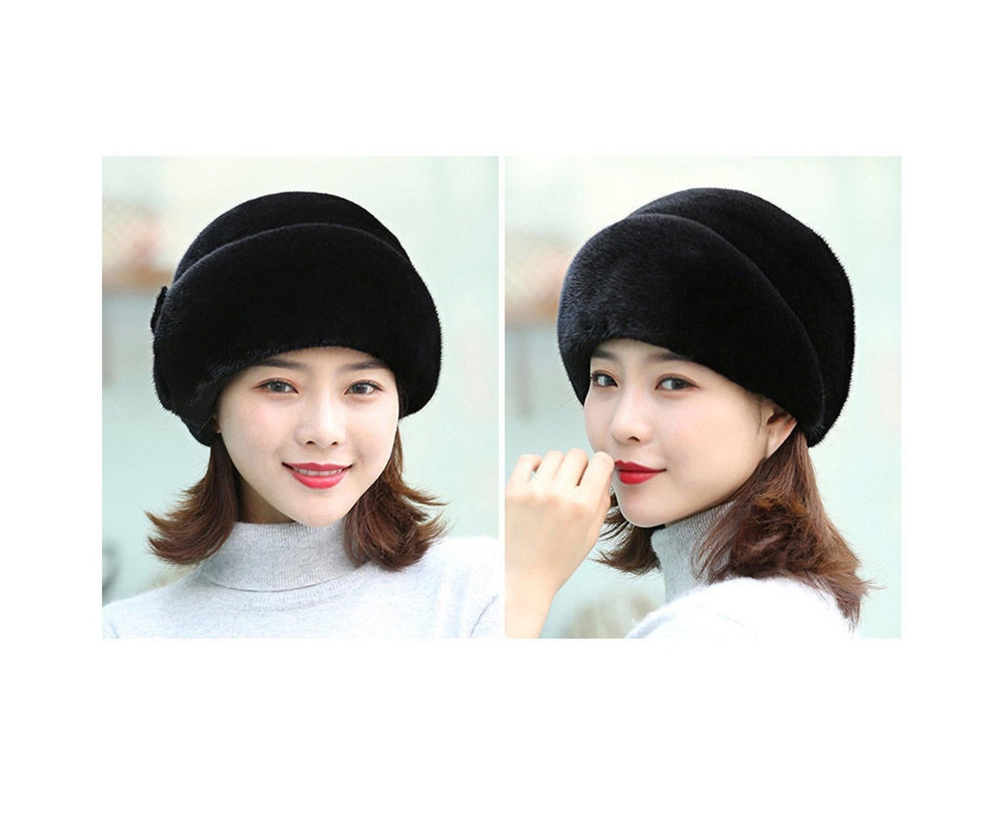 Winter Hat Faux Rabbit Fur Decor Thick Luxury Women Cap - Black V1263-JX-206
