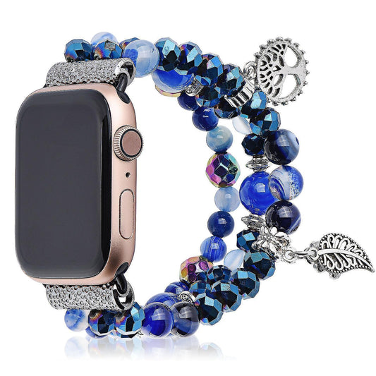 Fashion Iwatch Blue Crystal Beaded Bracelet Watchband Strap With Life Tree And Leaf Pendant For Apple Watch V1263-JX-2082