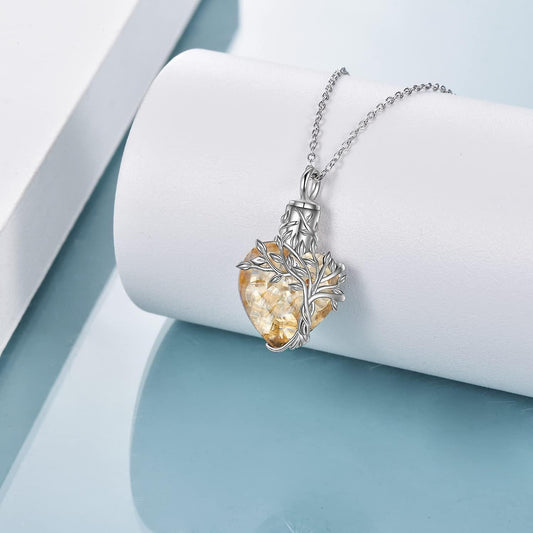 Heart Tree Of Life Urn Necklace For Ashes Sterling Silver Cremation Jewelry With Crystal W/funnel Filler V1263-JX-2206