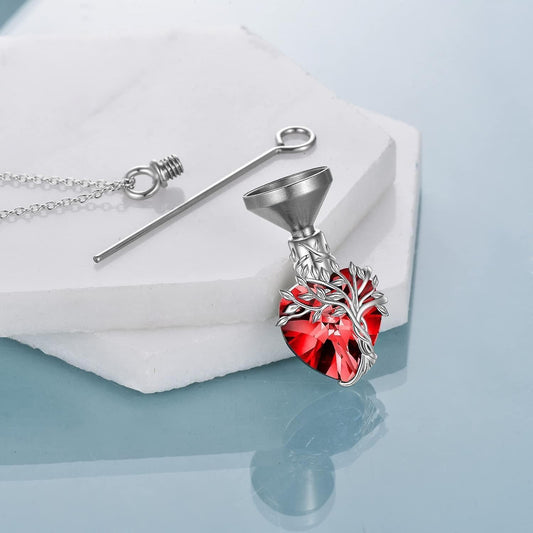 Heart Tree Of Life Urn Necklace For Ashes Sterling Silver Cremation Jewelry With Crystal W/funnel Filler V1263-JX-2208