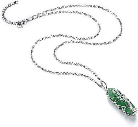 Natural Healing Crystal Stone Necklace Silver Tree Of Life Wire Wrapped Hexagonal Crystal Points Pendant V1263-JX-2217