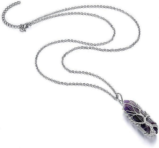 Natural Healing Crystal Stone Necklace Silver Tree Of Life Wire Wrapped Hexagonal Crystal Points Pendant V1263-JX-2221