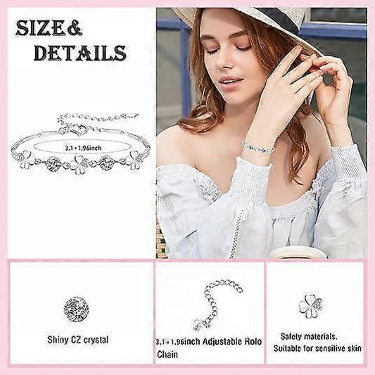 Silver Bracelet for Women,Four-Leaf Clover Bracelet Shiny Crystal Diamond Adjustable Bracelet Mother's Day V1263-JX-2225