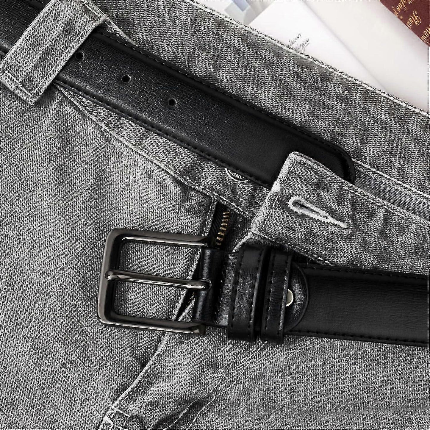 Men's Black Leather Belts, 120cm Genuine Leather Belt for Men V1263-JX-4639
