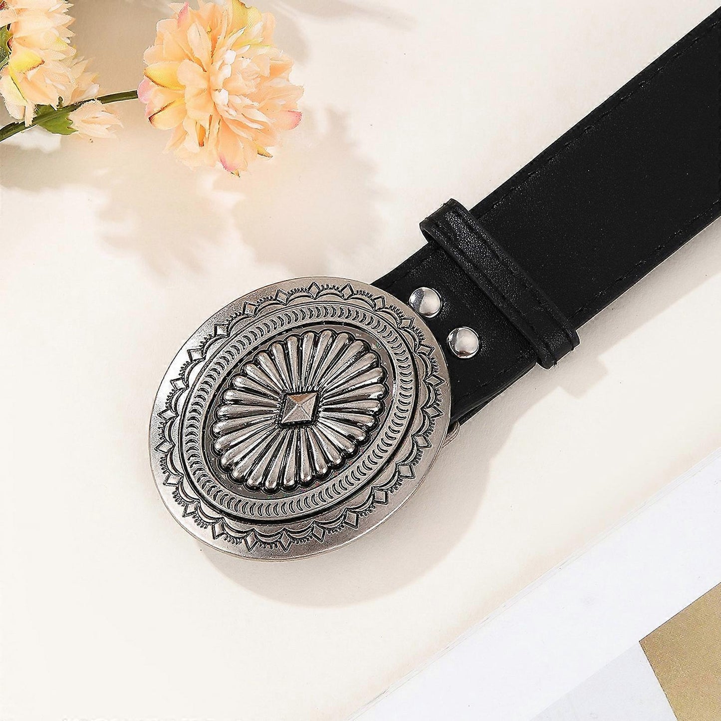 Vintage Adjustable Leather Wide Belt, Western Style with Aluminum Buckle Black V1263-JX-4686