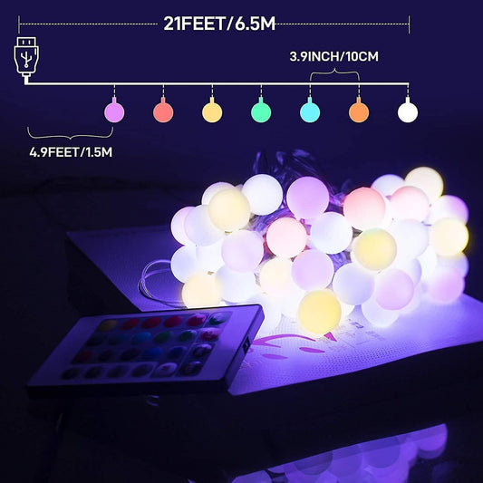 50 LED Globe Ball String Lights, 16 Colors, Remote Control Indoor Decor V1263-JX-5078