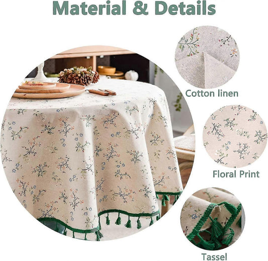 150cm Floral Printed Cotton Linen Round Tablecloth, Washable Fringed Round Table Cloth, Small Round Stain V1263-JX-5771
