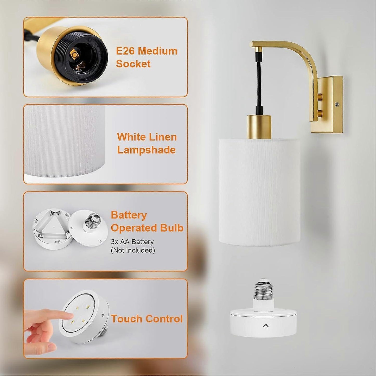 Battery Operated Wall Sconces Set of 2, Dimmable Wireless LED Lights, Remote, Gold V1263-JX-5783