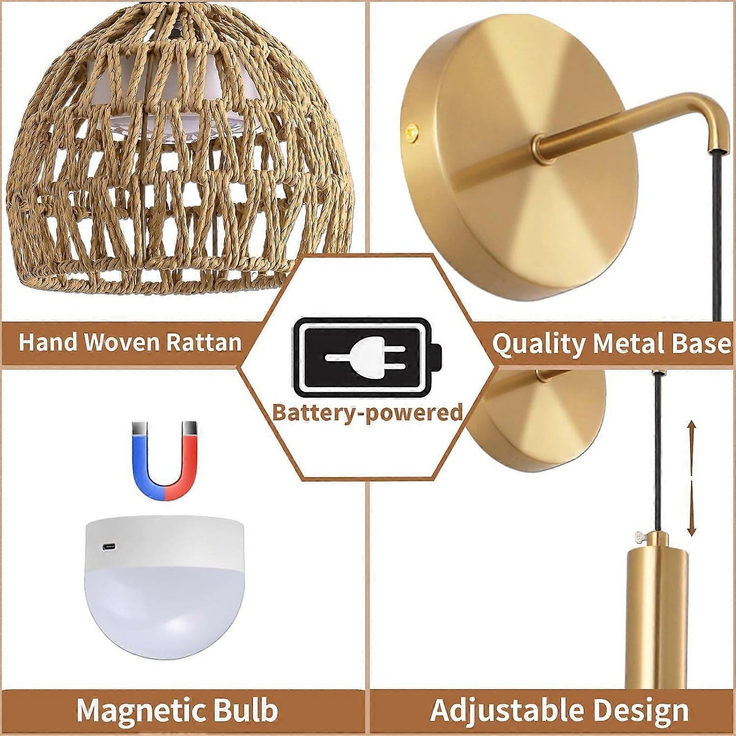 Battery Operated Wall Sconce Set of 2, Rechargeable Rattan LED, Remote, 3 Color Dimmable V1263-JX-5788