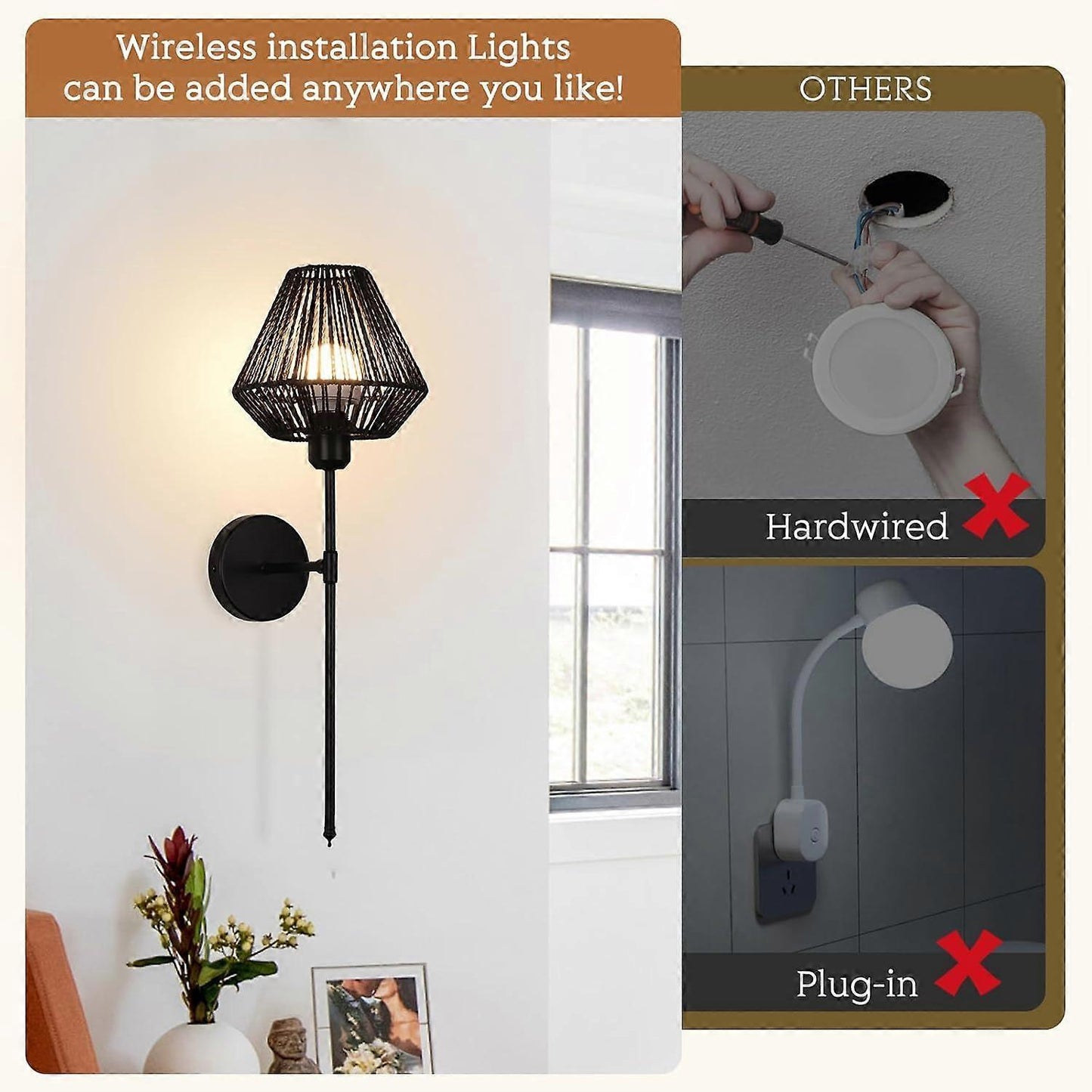 Battery Operated Wall Sconces Set of 2, Boho Rattan LED, Rechargeable, Remote, RGB Dimmable V1263-JX-5791
