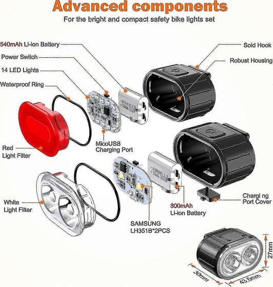 Powerful LED Bike Light Set - IPX5 Waterproof, USB Rechargeable, Front & Rear V1263-JX-6022