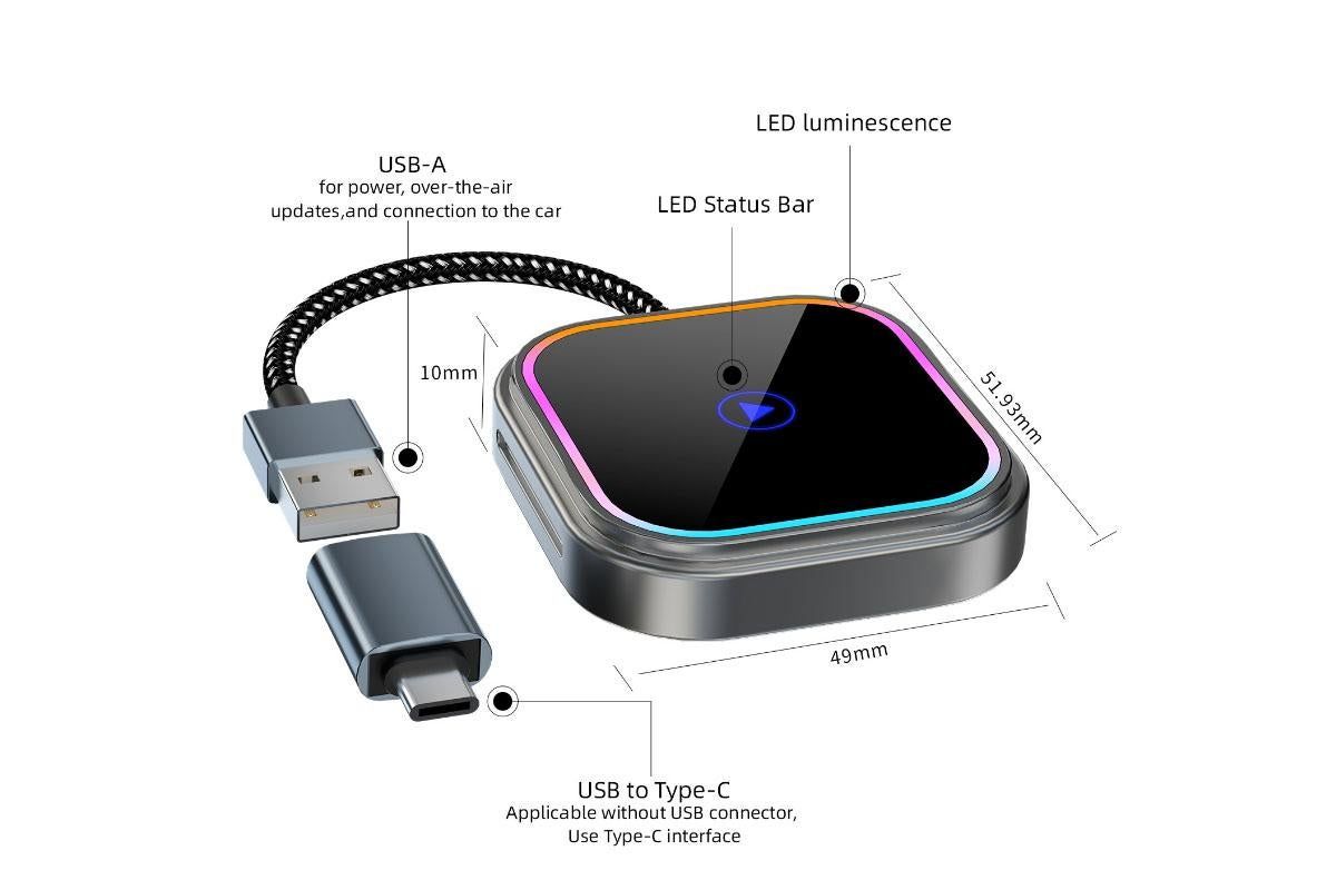 Wireless CarPlay Adapter for Car USB to Type-C Plug and Play Compatible with iPhone V1263-JX-6371