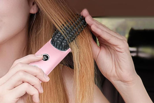 Cordless LCD Hair Straightening Brush 2-in-1 Portable Styling Tool for Travel - Pink V1263-JX-6541