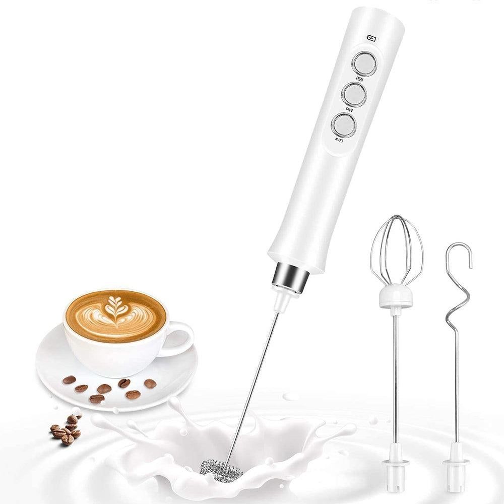 3 in 1 Handheld Electric Milk Frother USB Rechargeable Drink Coffee Mixer Foam Maker with 3 Whisks-Black V1263-JX-7140-2
