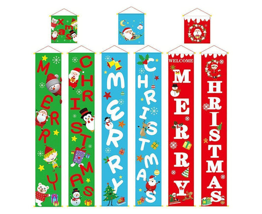Merry Christmas Santa Elk Snowman Print Hanging Banner Sign Flag Xmas Door Decor-Red V1263-JX-814