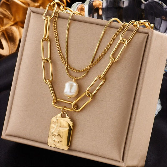 Artistic Face Pearl Necklace, Three-Strand Layered Gold-Plated Collar Necklace, Unique Women's Fashion V1265-AU-109-JIN