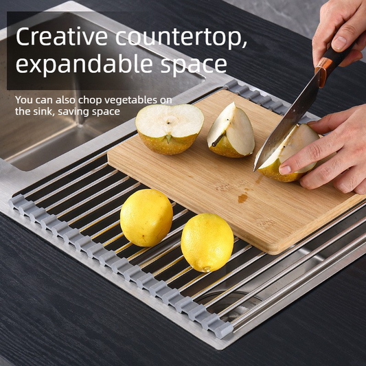 Roll Up Stainless Steel Sink Drying Rack, 47x35cm Multi-purpose Kitchen Sink Drain Mat with Non-slip TPE Edge V1265-AU-138-YIN