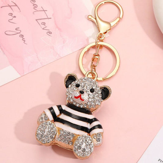 Black - Rhinestone Striped Bear Keychain, Cute Enamel Cartoon Bear Bag Charm Pendant, Alloy Bling Key Ring V1265-AU-146-HEI