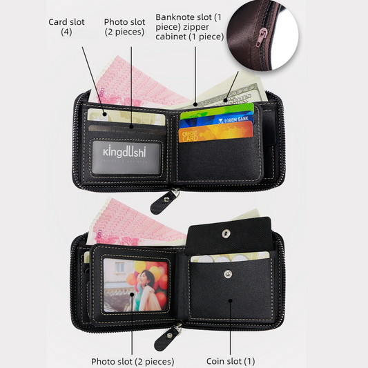 Full-Zip Carbon Fiber PU Wallet for Men, Multi-Card Slot Snap Coin Purse with ID Photo Window - Black V1265-AU-187-HEI