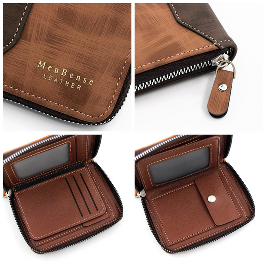 Two-tone Patchwork PU Zip-Around Short Wallet for Men, Embossed Letter Multi-Card Slot Purse with Dual Coin V1265-AU-188-HEI