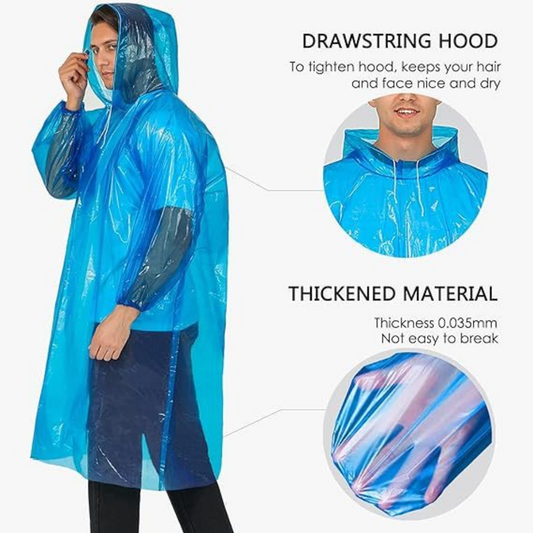6-Pack - Disposable Thickened PE Rain Poncho, Waterproof Raincoat with Drawstring Hood & Elastic Cuffs, for V1265-AU-211-LAN-6