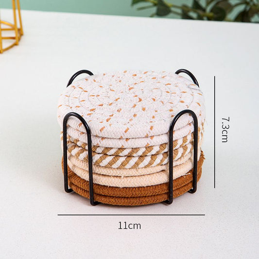 INS Style Round Cotton Woven Heat-Resistant Coasters, 8-Piece Set of Thick Table Pot Mats with Free Iron V1265-AU-264-BAIZONG