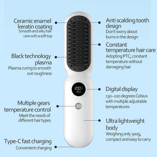 Pink Professional Cordless Hair Straightener Brush - 4-in-1 EMS Scalp Massager & Ionic Straightening Comb - V1268-MZ000164