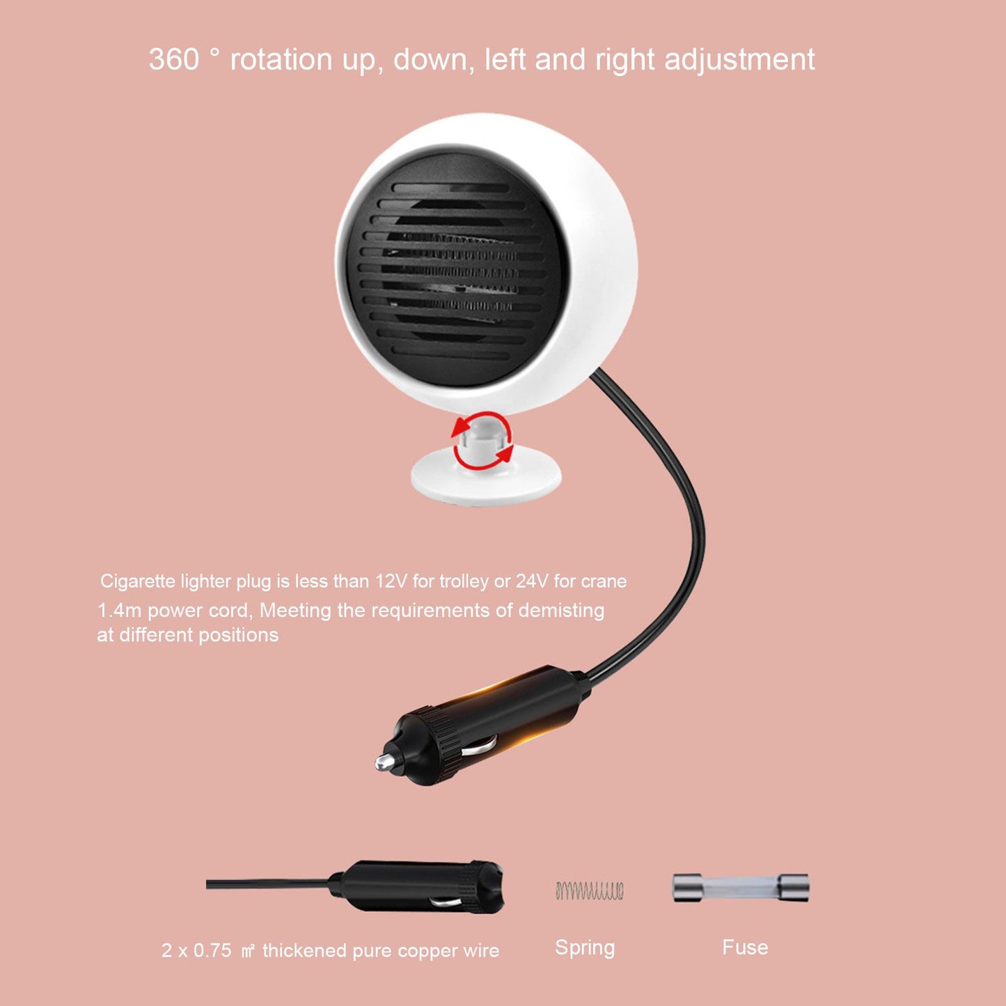 Car Heater Constant Temperature Low Noise Wide Angle 360 degrees Adjustable Car Heater Fan White 24V V1294-YM0512-3113220273112