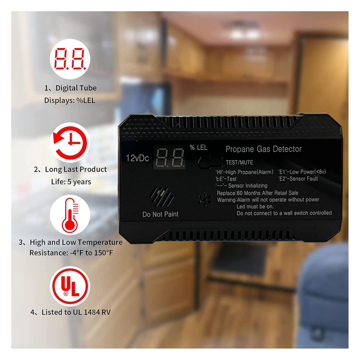 RV Propane Gas Detector 85dB Loudly Sound Alarms RV Propane Alarm with UL Certified Sensor Black V1294-YM0512-3117220247812