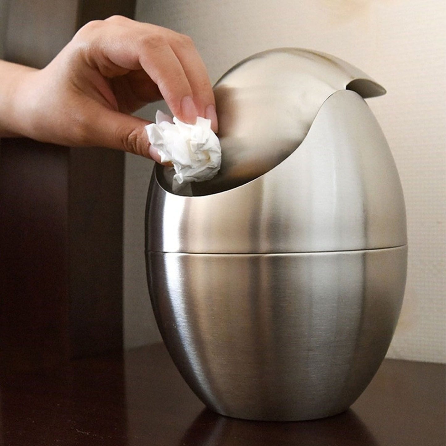 Desktop Trash Can Stainless Steel Egg Shape Mini Countertop Waste Bin with Swing Lid for Bathroom Bedroom V1294-YM0512-3117220254311
