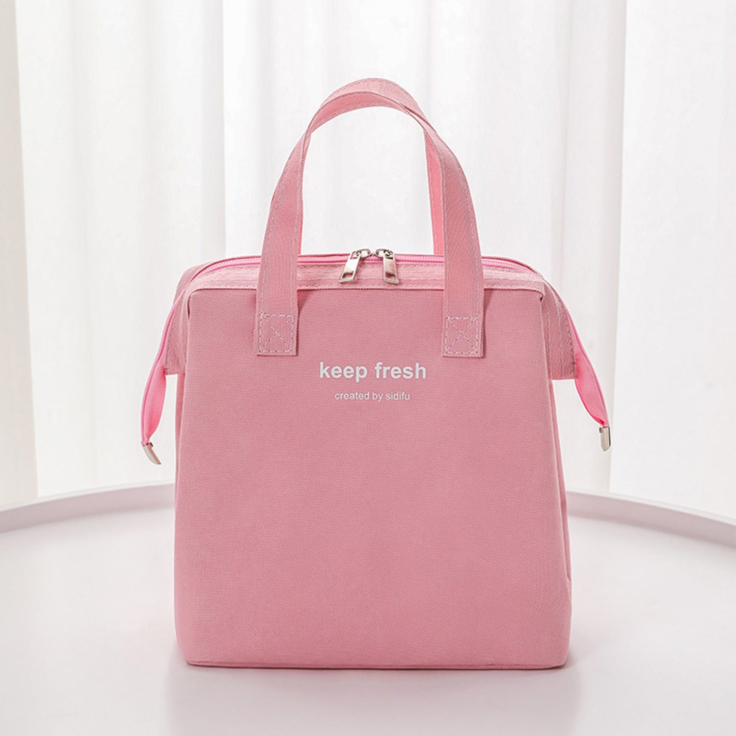 Insulated Lunch Bag Solid Color Oxford Cloth Waterproof Metal Zipper Portable Lunchbox for Commuting Pink V1294-YM0512-3118220275812