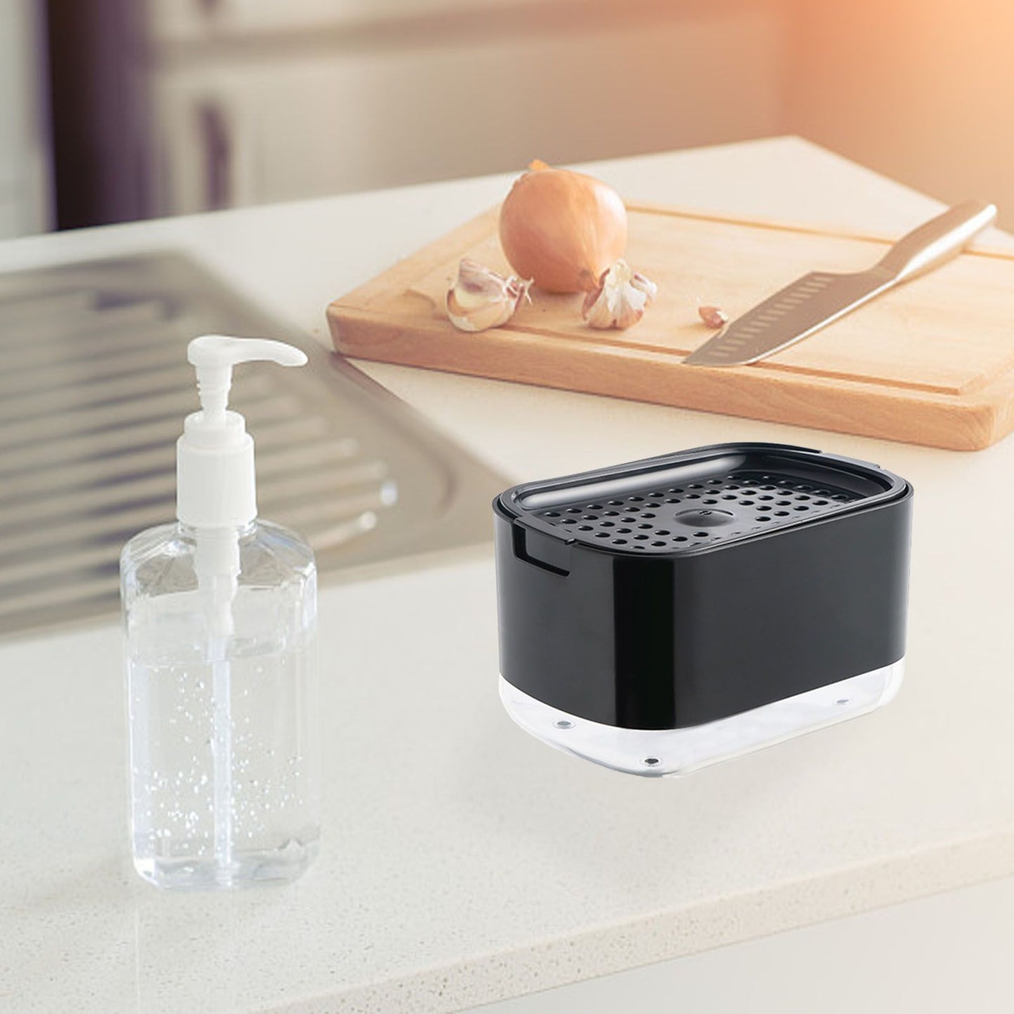 Soap Dispenser with Sponge Holder PP PET Press Type Soap Box for Cloth Dish Kitchen Cleaning Black V1294-YM0521-3112230026612