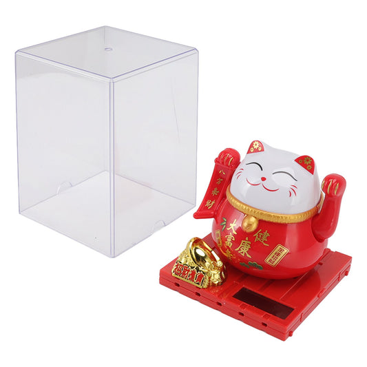 Solar Powered Waving Red Fat Cat Good Luck Wealth Welcoming Lucky Fortune Cat Home Room Office Desktop V1294-YM0521-3115220147411