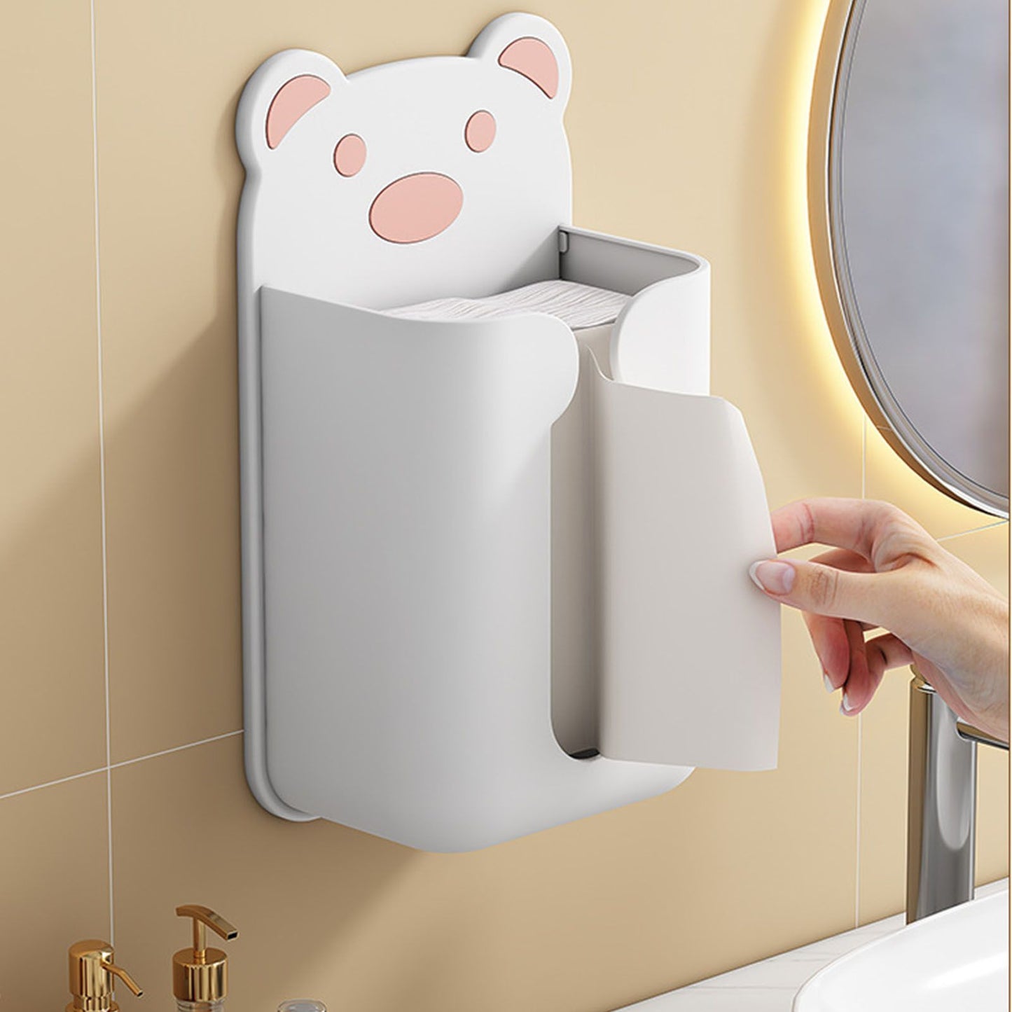 Wall Mounted Tissue Box Punching Free Cute Bear Pattern Plastic Tissue Dispenser for Home Bathroom White Bear V1294-YM0521-3117230024211