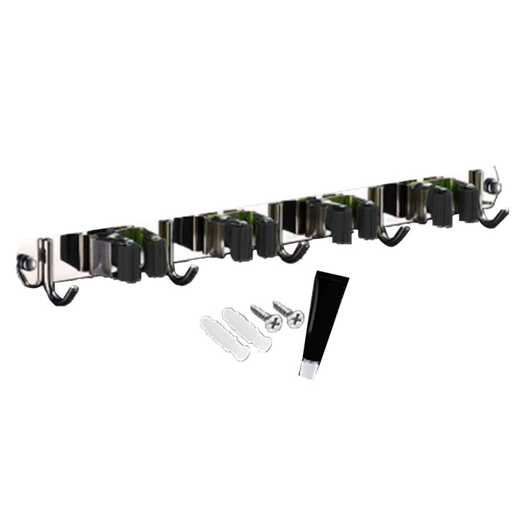 Punch Free Wall Mount Mop Broom Holder 4 Clips 5 Hooks Stainless Steel Mop Broom Holder Black V1294-YM0521-3117230035315