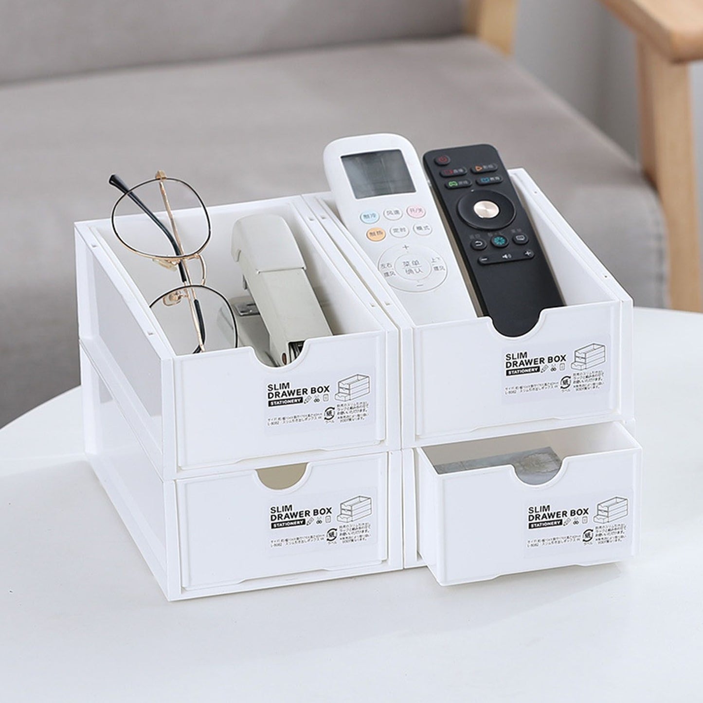Desktop Storage Box Plastic Desk Makeup Organizer Stationery Supplies Storage Box with Drawer White V1294-YM0521-3117230083411
