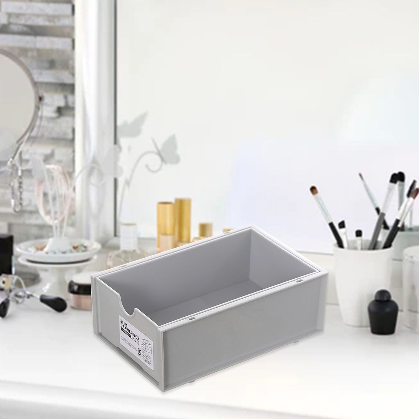 Desktop Storage Box Plastic Desk Makeup Organizer Stationery Supplies Storage Box with Drawer Grey V1294-YM0521-3117230083413