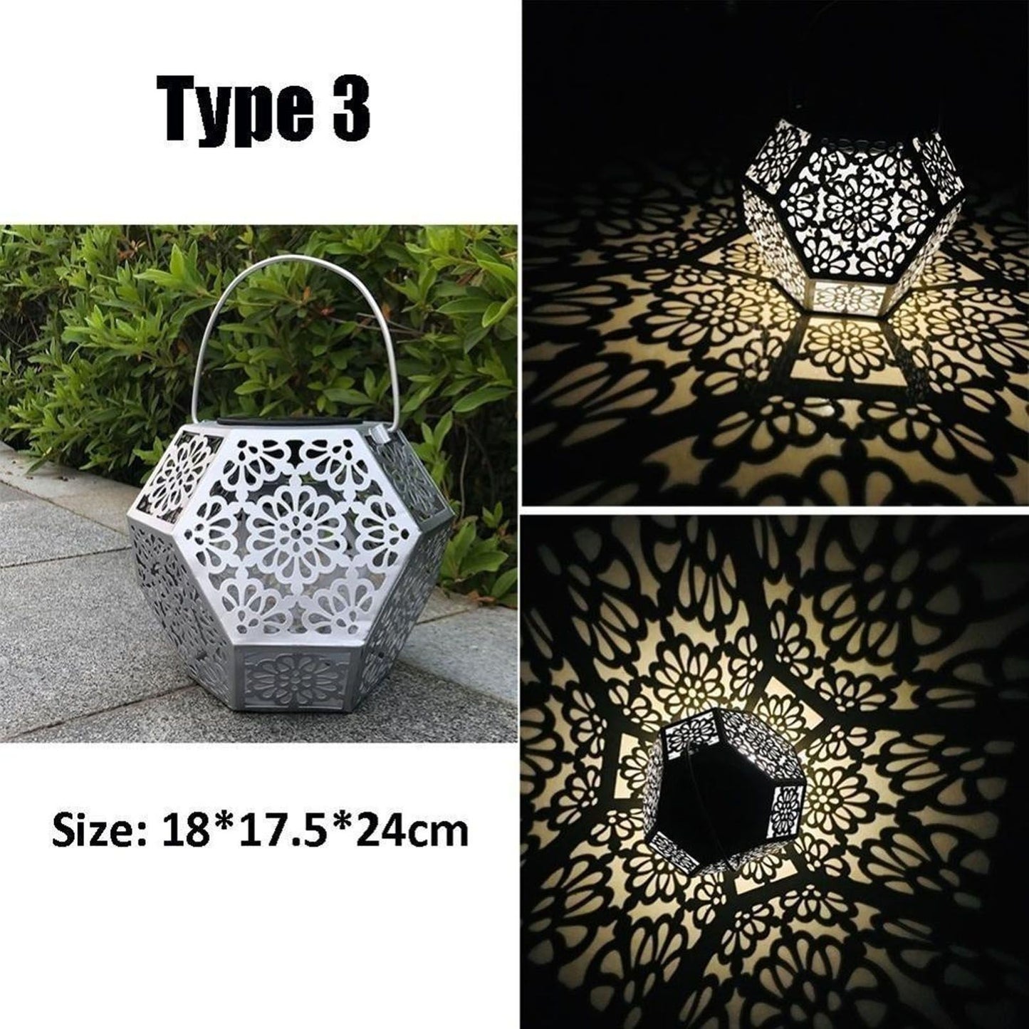 LED Solar Powered Lantern Light IP44 Waterproof Silver Polygon Decorative Solar Hanging Lantern Light for V1294-YM0521-3119230042911