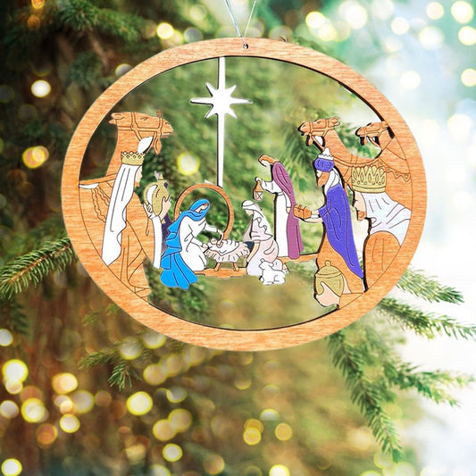 Color Hollowed Nativity Scene Pendant Christmas Tree Wooden Hanging Ornament Christmas Decoration for Hanging V1294-YM0523-10321957