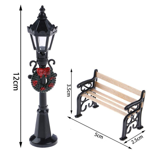 2Pcs Miniature Christmas Street Lamp Post Park Bench Seat Mini Street Light Model Dollhouse Xmas Village V1294-YM0523-10323650